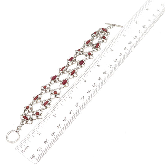 Old Pawn 925 Sterling Silver Vintage Southwestern Coral Floral Link Bracelet 7"