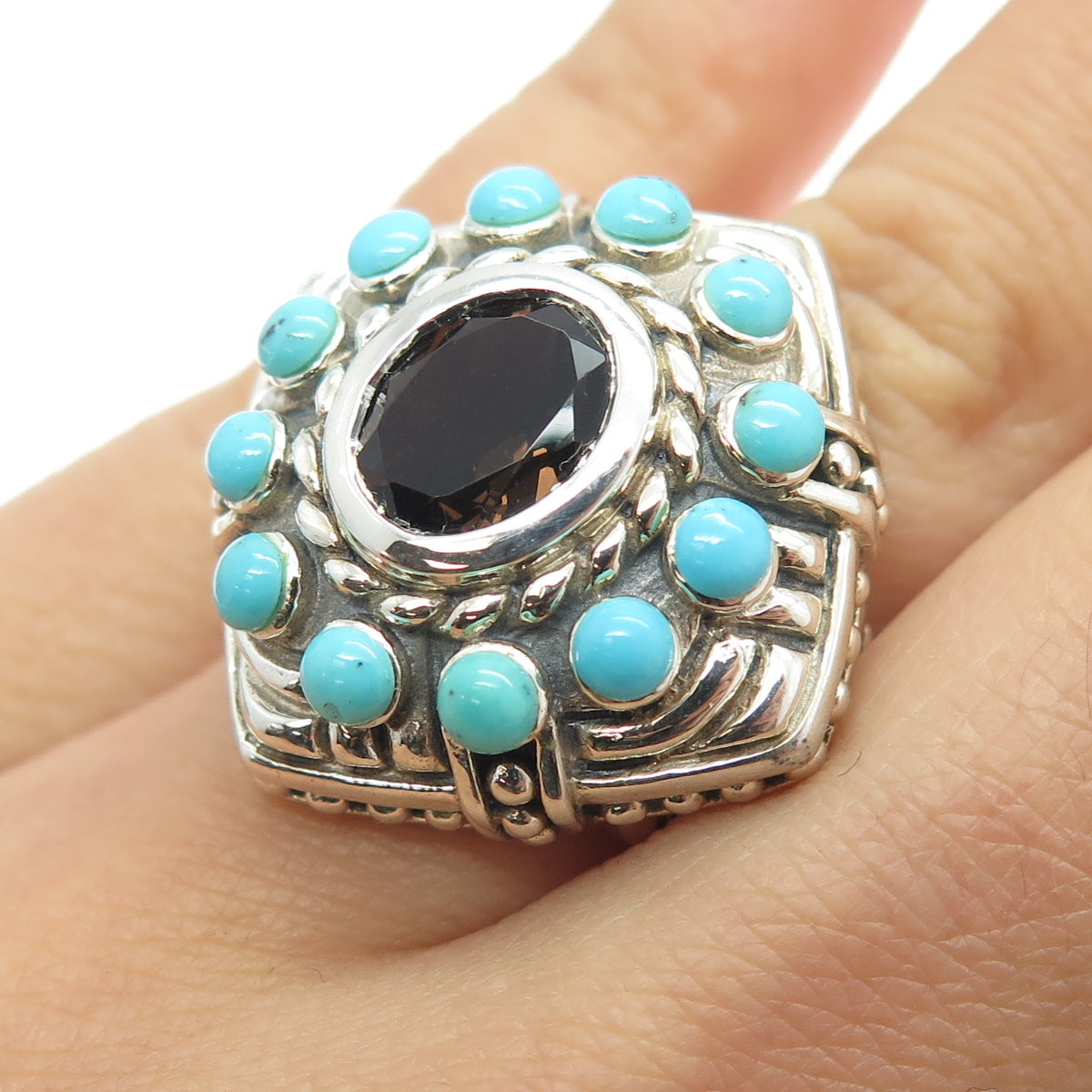 925 Sterling Silver Real Smoky Quartz & Turquoise Gemstone Ethnic Ring Size 6