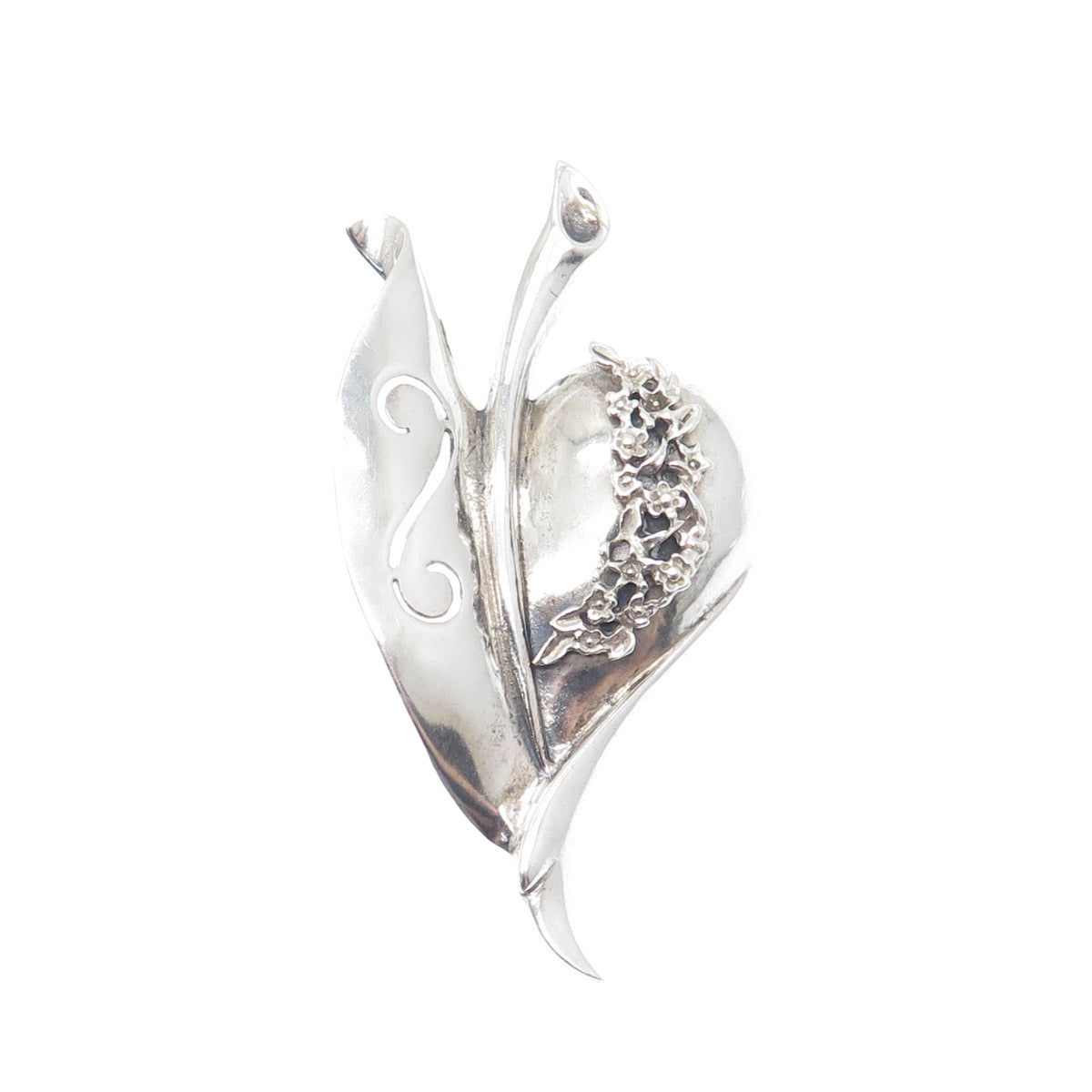 PETTELL'S 925 Sterling Silver Vintage Modernist Floral Leaf Pin Brooch