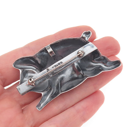 925 Sterling Silver 2-Tone Vintage Mexico Pig Oxidized Pin Brooch / Pendant