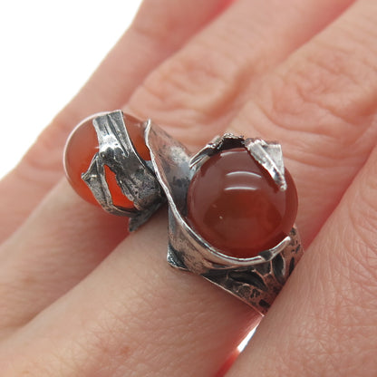 925 Sterling Silver Vintage Israel Real Agate Modernist Oxidized Ring Size 7