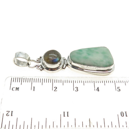 925 Sterling Silver Vintage Real Jade & Labradorite Gemstone Amulet Pendant