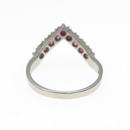 925 Sterling Silver Vintage Real Round-Cut Ruby V-Shape Ring Size 8