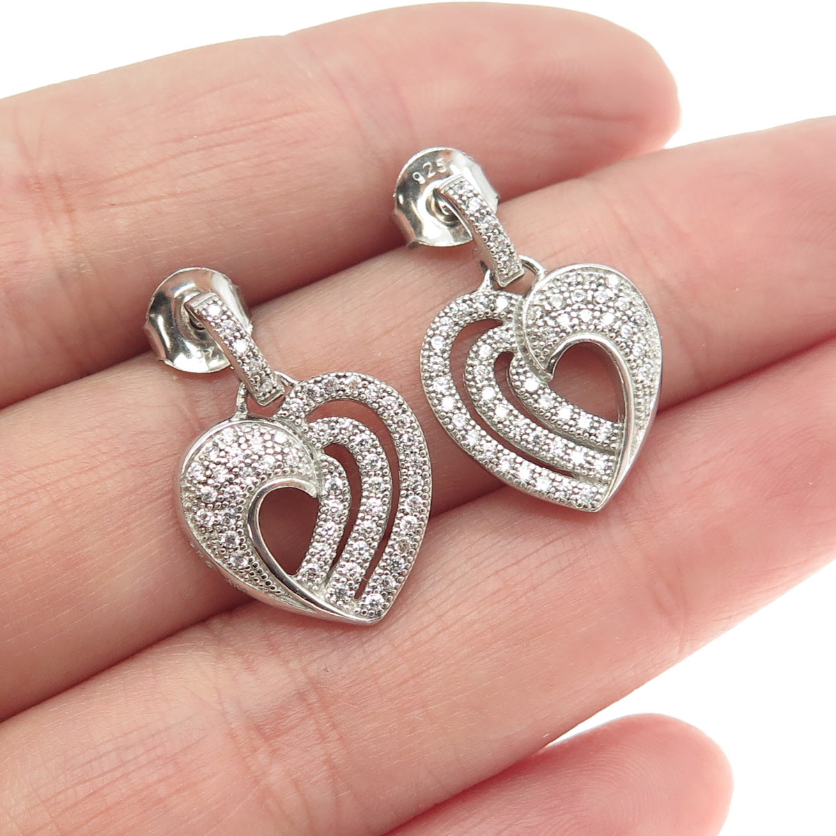 925 Sterling Silver Pave C Z Heart Dangling Earrings