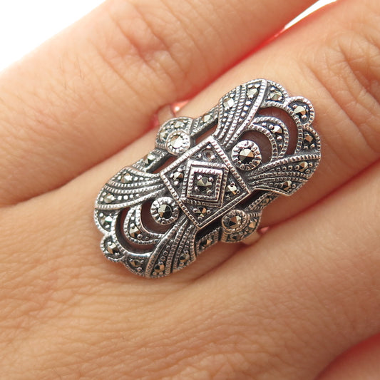 925 Sterling Silver Vintage Marcasite Oxidized Ring Size 6 (missing 1 stone)