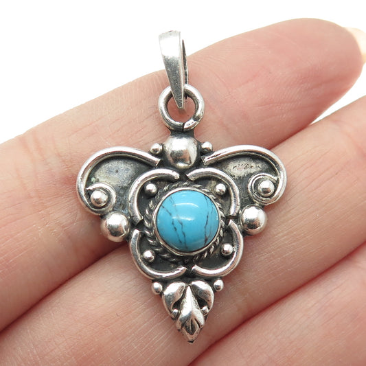 925 Sterling Silver Vintage Real Turquoise Gem Butterfly Boho / Ethnic Pendant