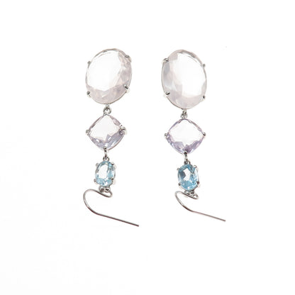 DSMK 925 Sterling Silver Real Rose Quartz Amethyst & Blue Topaz Dangle Earrings