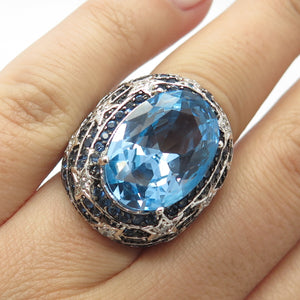 925 Sterling Silver Ocean Blue C Z Wide Ring Size 9.25