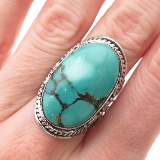 925 Sterling Silver Vintage Real Kingman Turquoise Oxidized Ring Size 6.5