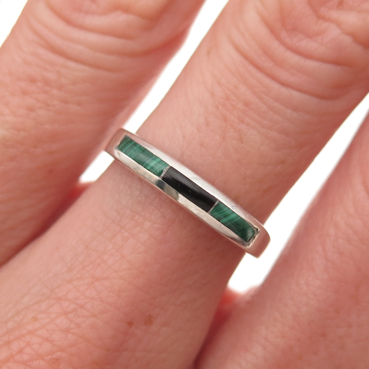 Old Pawn 925 Sterling Silver Vintage Black Onyx Malachite Tribal Ring Size 7.25