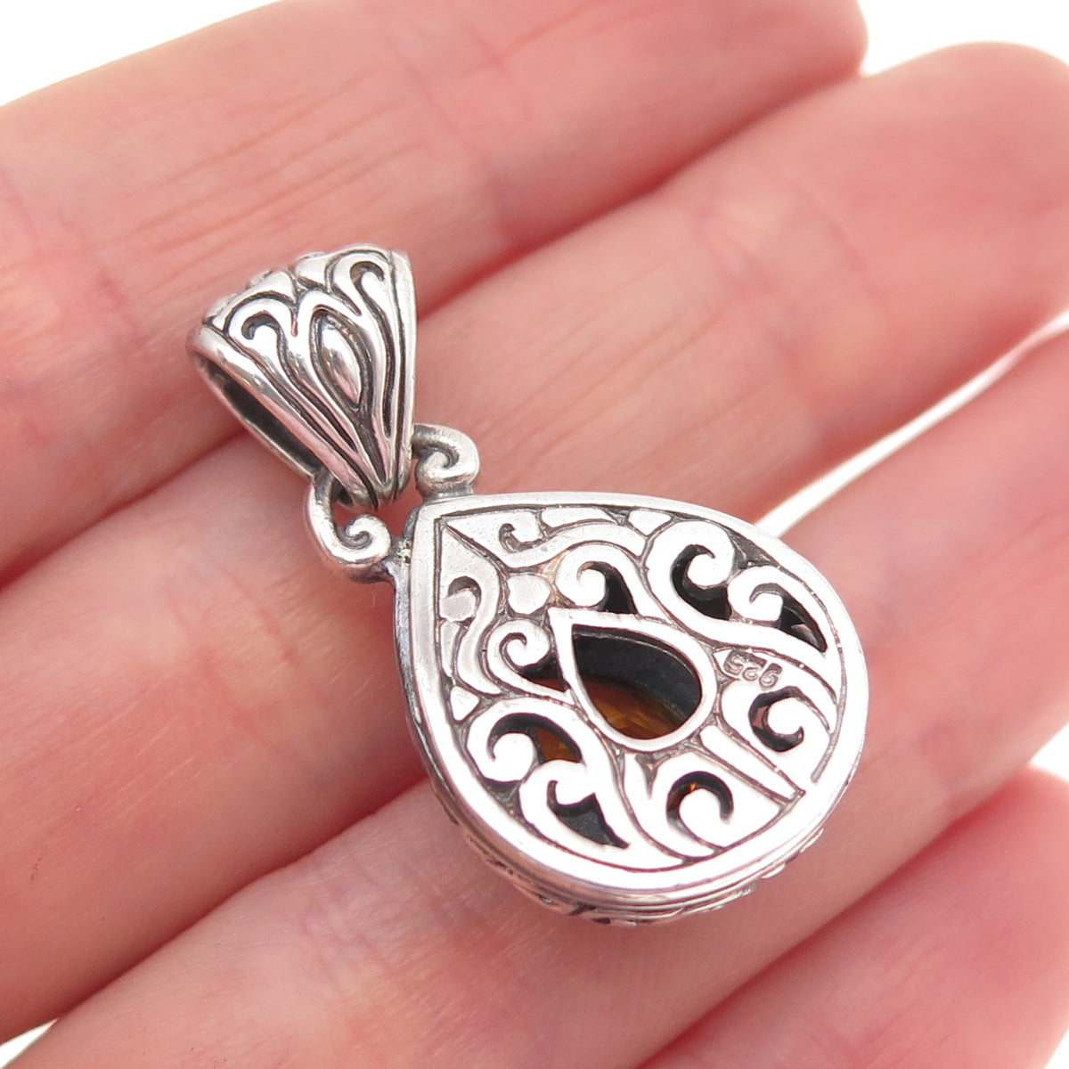 925 Sterling Silver Vintage Real Pear-Cut Citrine Swirl Charm Pendant