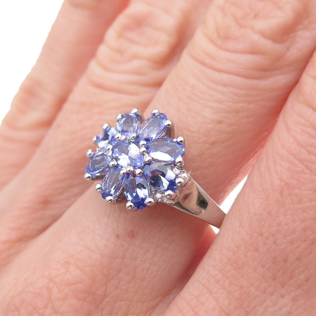 925 Sterling Silver Real Tanzanite & White Topaz Floral Ring Size 8