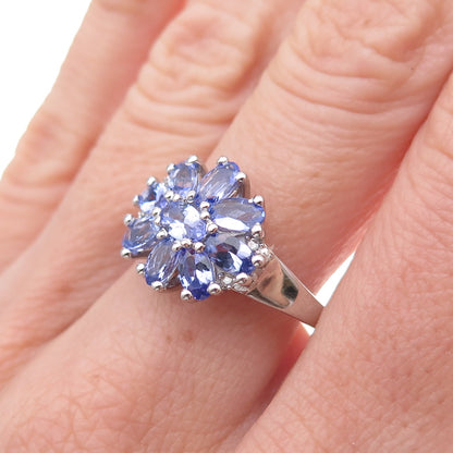 925 Sterling Silver Real Tanzanite & White Topaz Floral Ring Size 8