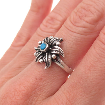 925 Sterling Silver Vintage Real Turquoise Lily Flower Oxidized Ring Size 6.25