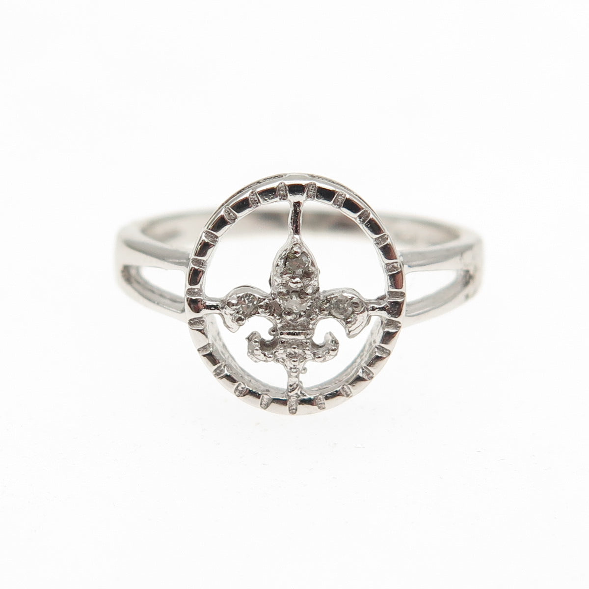 925 Sterling Silver Real Round-Cut Diamond Fleur de Lis Ring Size 6