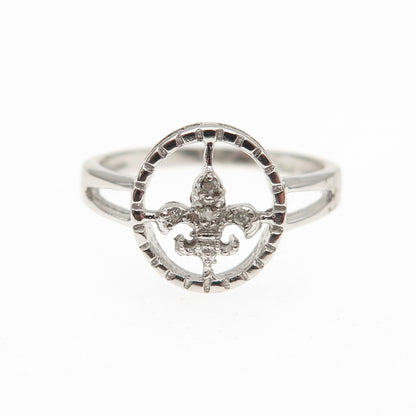 925 Sterling Silver Real Round-Cut Diamond Fleur de Lis Ring Size 6