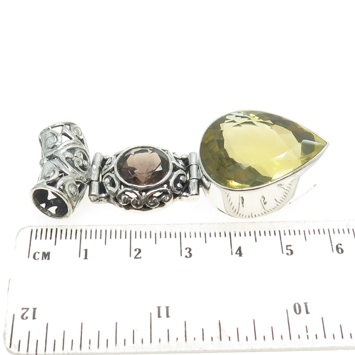 925 Sterling Silver Vintage Real Smoky Quartz & Citrine Gem Ornate Slide Pendant