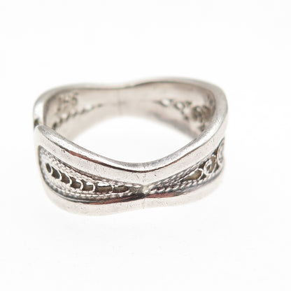 925 Sterling Silver Vintage Modernist Filigree Oxidized Ring Size 5.5