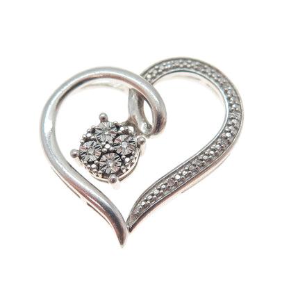 925 Sterling Silver Real Round-Cut Diamond Heart Slide Charm Pendant