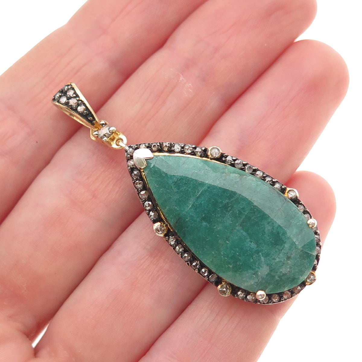 925 Sterling Silver Gold Plated Real Diamond & Emerald Teardrop Pendant
