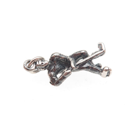925 Sterling Silver Vintage Hockey Player Oxidized 3D Mini Charm Pendant