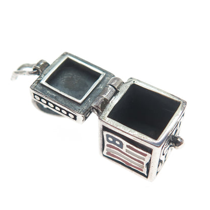 925 Sterling Silver Vintage Enamel US Flag Box Oxidized Minimalist Charm Pendant