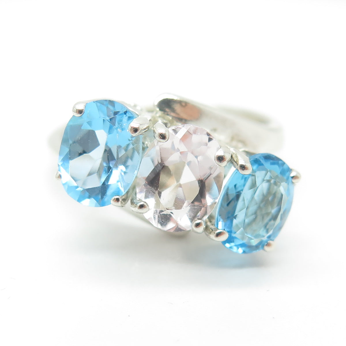 925 Sterling Silver Real Blue Topaz & Morganite Gemstone Ring Size 9.5