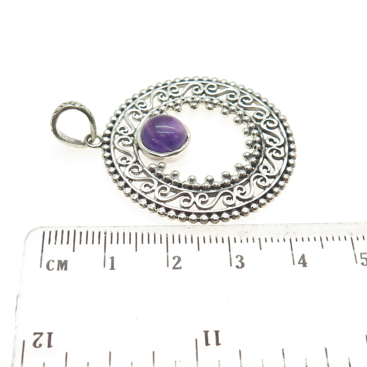 925 Sterling Silver Vintage Real Amethyst Swirl Granulated Pendant