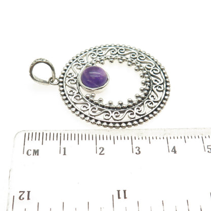 925 Sterling Silver Vintage Real Amethyst Swirl Granulated Pendant