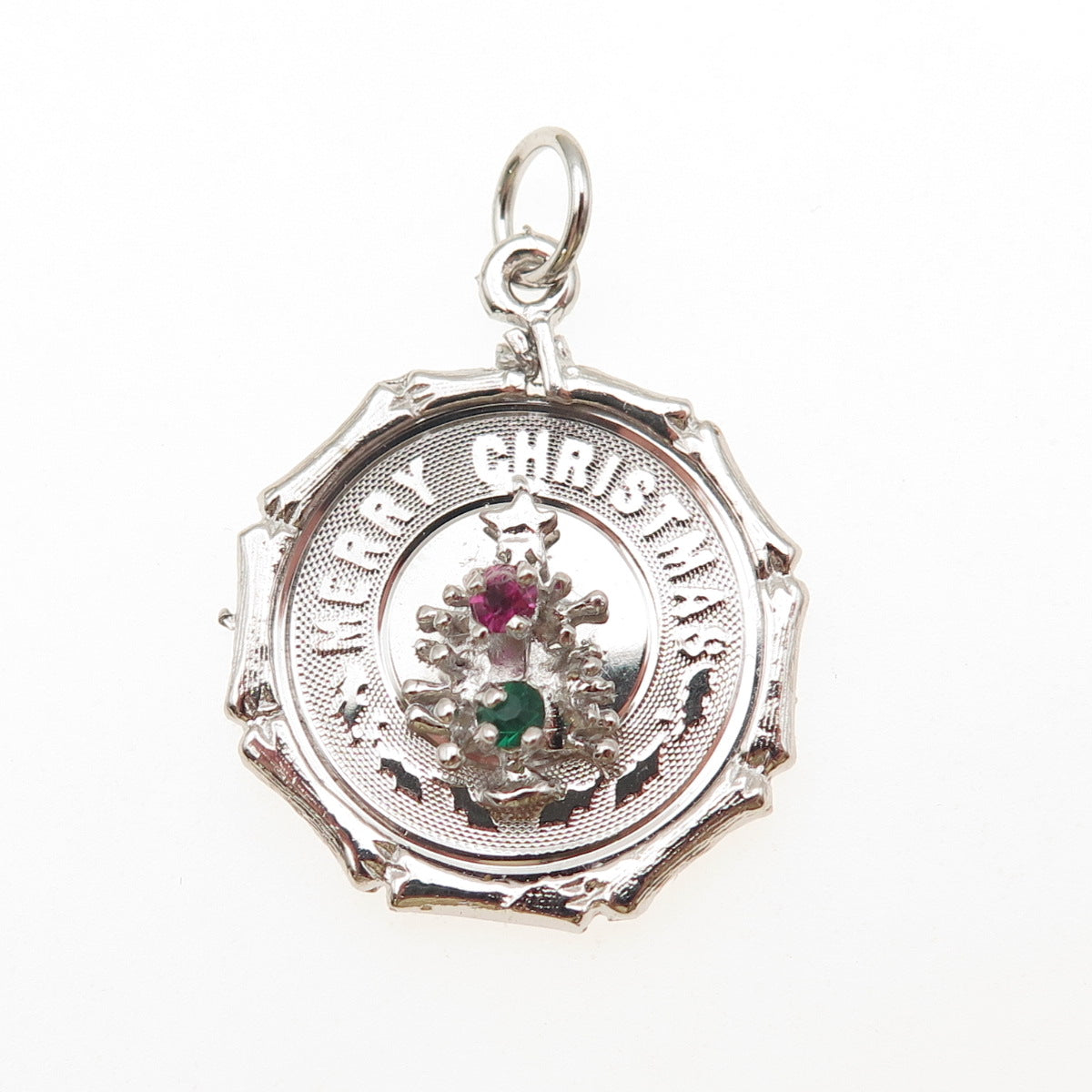 925 Sterling Silver Vintage Rhinestone Merry Christmas Tree Charm Pendant