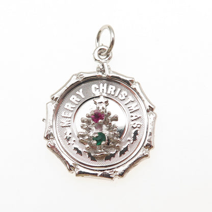 925 Sterling Silver Vintage Rhinestone Merry Christmas Tree Charm Pendant