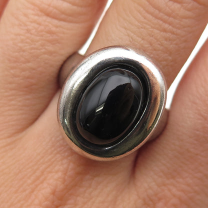 925 Sterling Silver Vintage Real Black Onyx Modernist Oxidized Ring Size 9