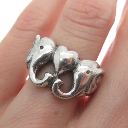 925 Sterling Silver Vintage Dolphin Couple & Heart Oxidized Ring Size 6