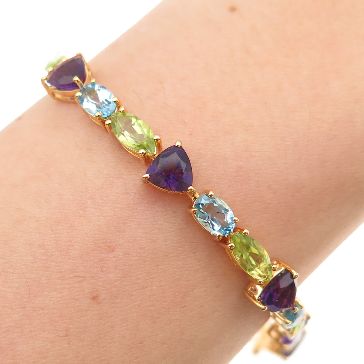 925 Sterling Gold Plated Vintage Real Blue Topaz Peridot Amethyst Bracelet 7.75"