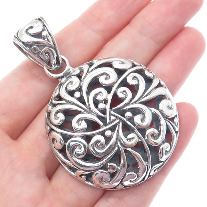 925 Sterling Silver Vintage Floral Ornate Oxidized Round Pendant