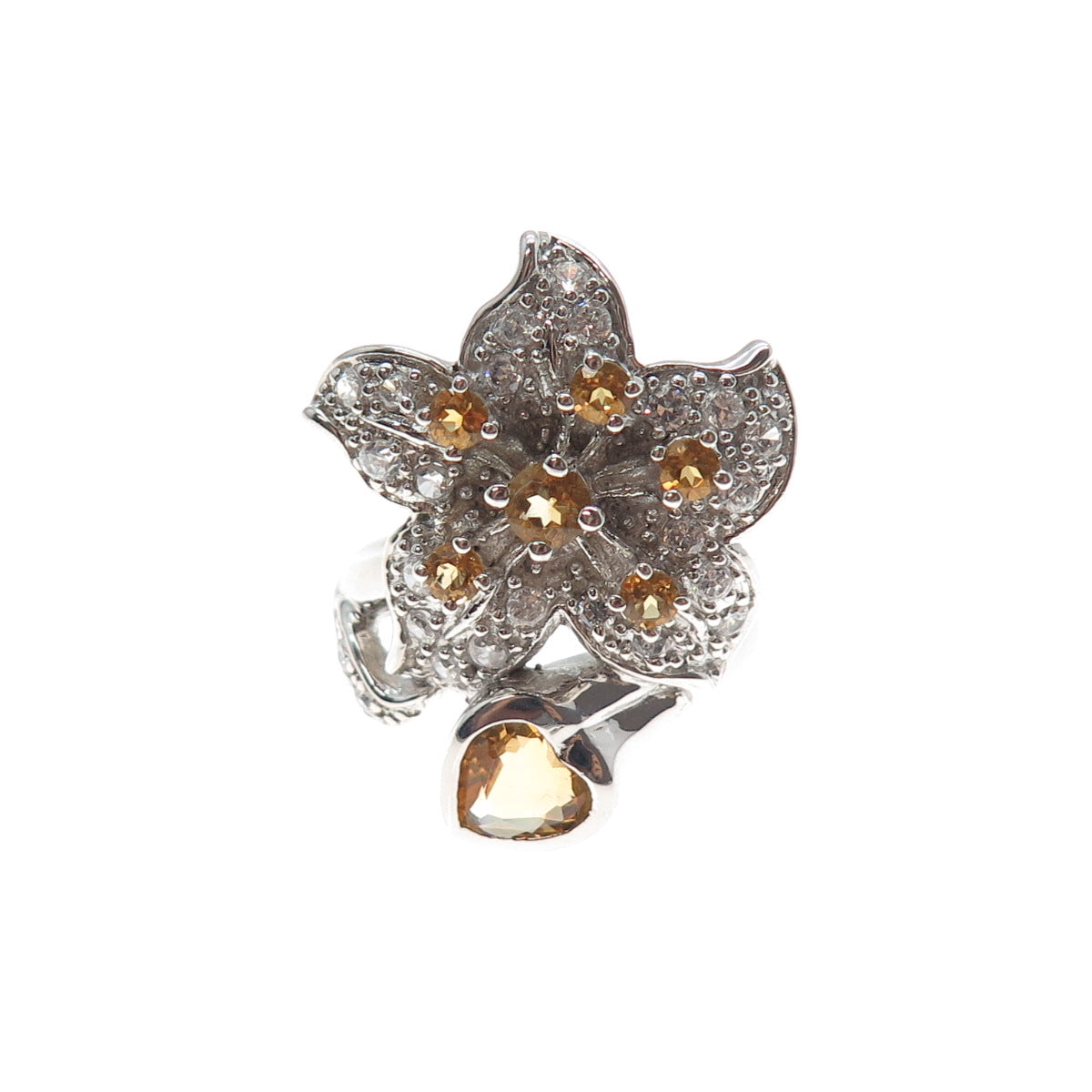 925 Sterling Silver Real Heart Round-Cut Citrine & C Z Lily Ring Size 5.75