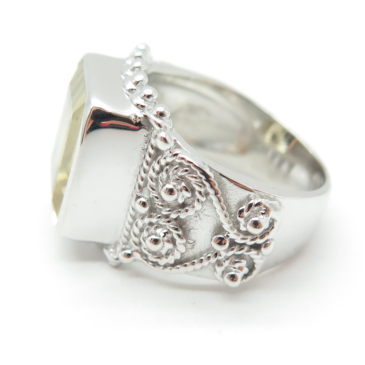925 Sterling Silver Real Emerald-Cut Citrine Swirl Ring Size 6