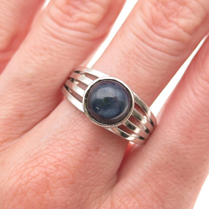 925 Sterling Silver Real Cabochon Sapphire Modernist 4-Row Ring Size 10