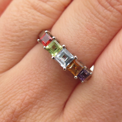 925 Sterling Vintage Blue Topaz Amethyst Peridot Red Garnet Citrine Ring Size 6