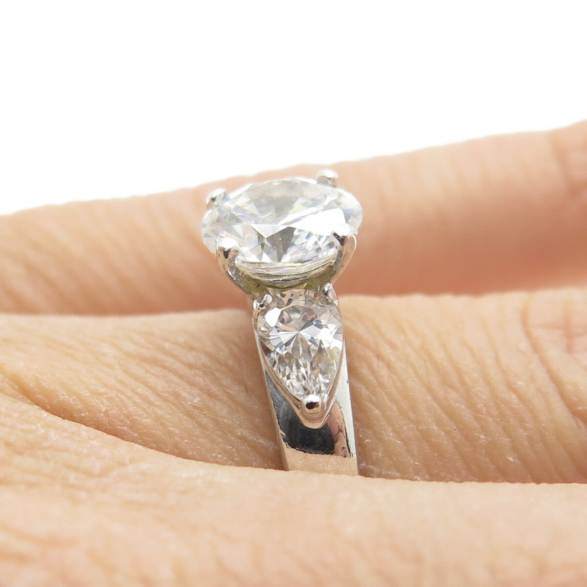 925 Sterling Silver Round & Pear-Cut C Z Engagement Ring Size 5.75
