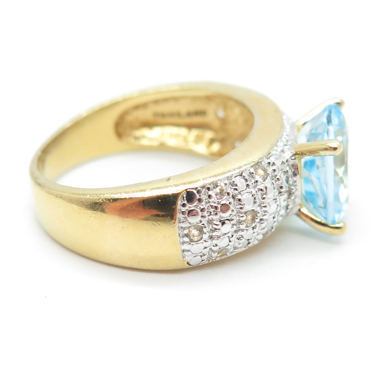 925 Sterling Silver Gold Plated Real Round-Cut Blue & White Topaz Ring Size 8