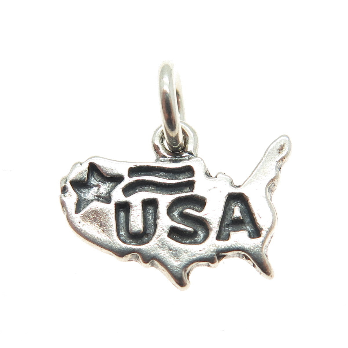 SUNDANCER 925 Sterling Silver Vintage USA Map Oxidized Minimalist Charm Pendant