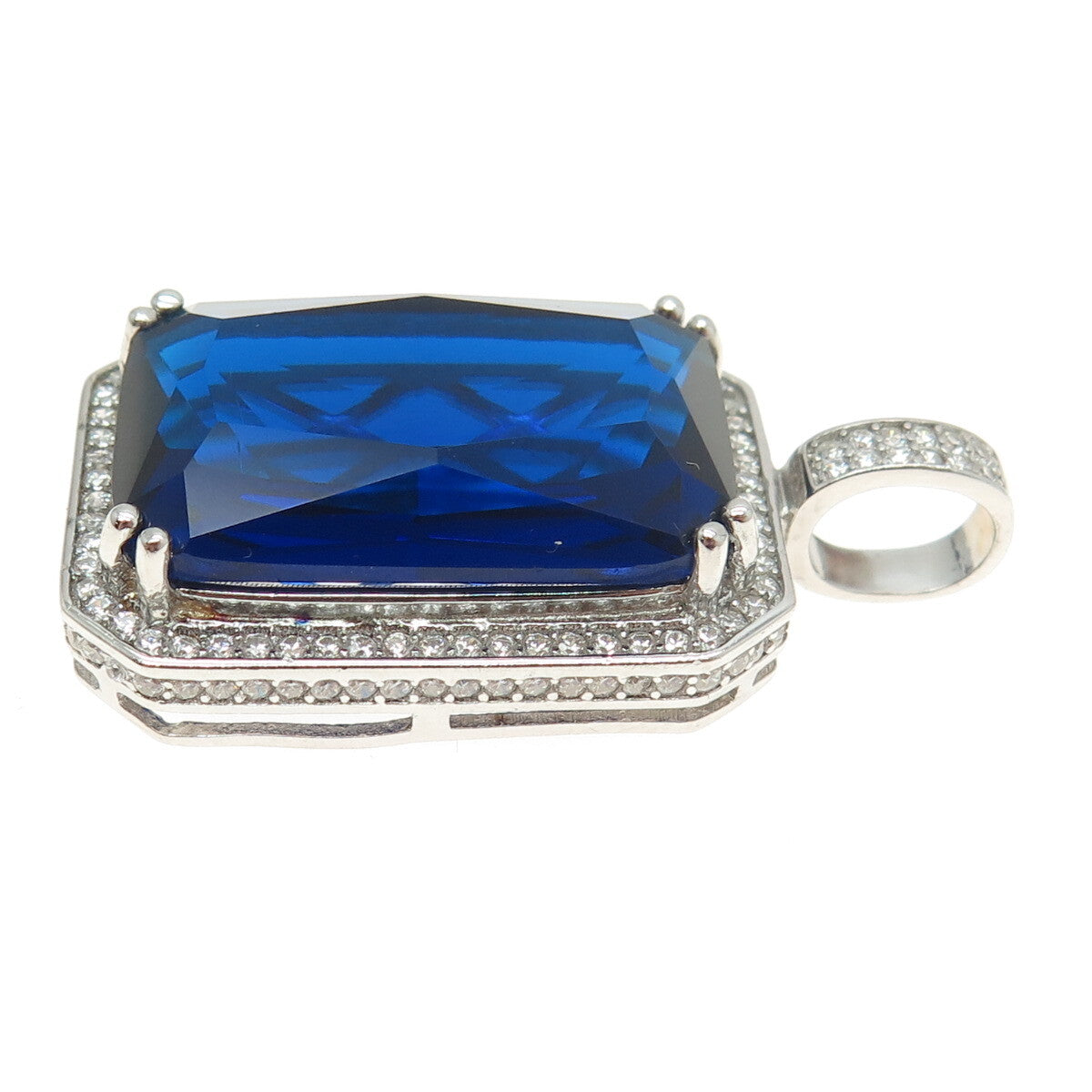 925 Sterling Silver Radiant-Cut Blue Glass & Round-Cut C Z Pendant