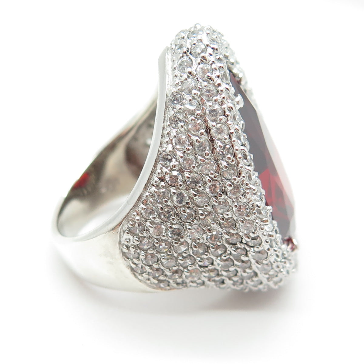925 Sterling Silver Checkered Nano Garnet C Z Teardrop Statement Ring Size 7.25