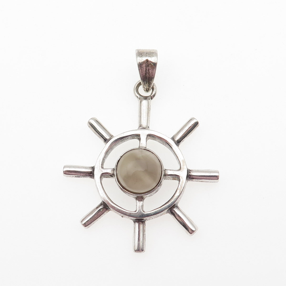 925 Sterling Silver Vintage Real Smoky Quartz Ship Wheel Charm Pendant