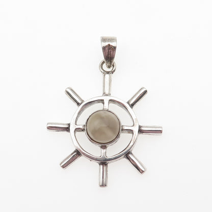925 Sterling Silver Vintage Real Smoky Quartz Ship Wheel Charm Pendant