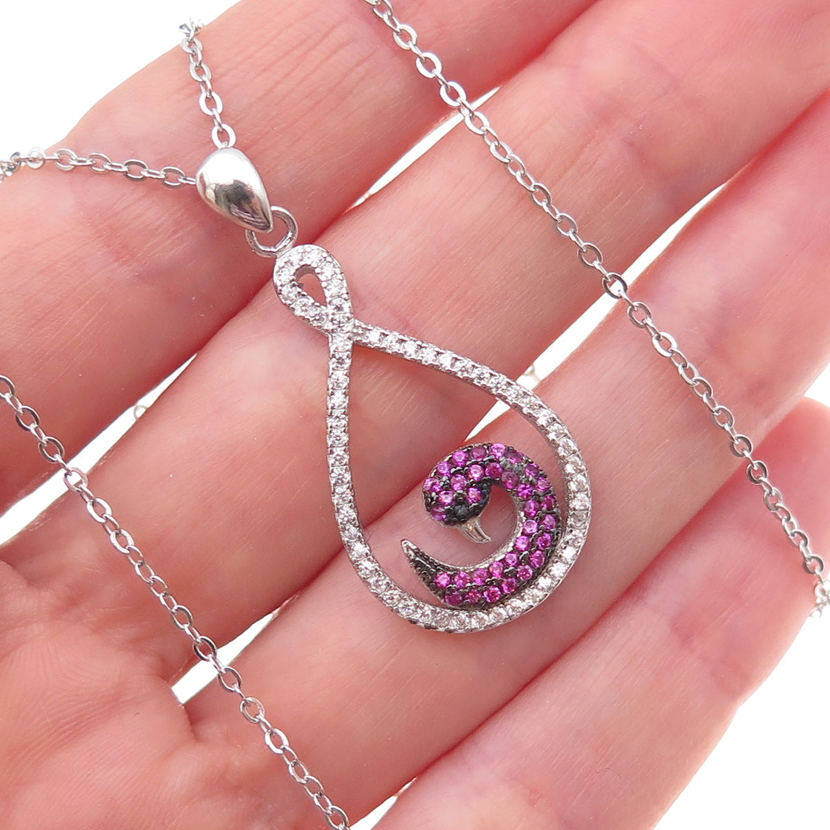 925 Sterling Silver Lab-Created Ruby Real White Topaz Swan Chain Necklace 18"