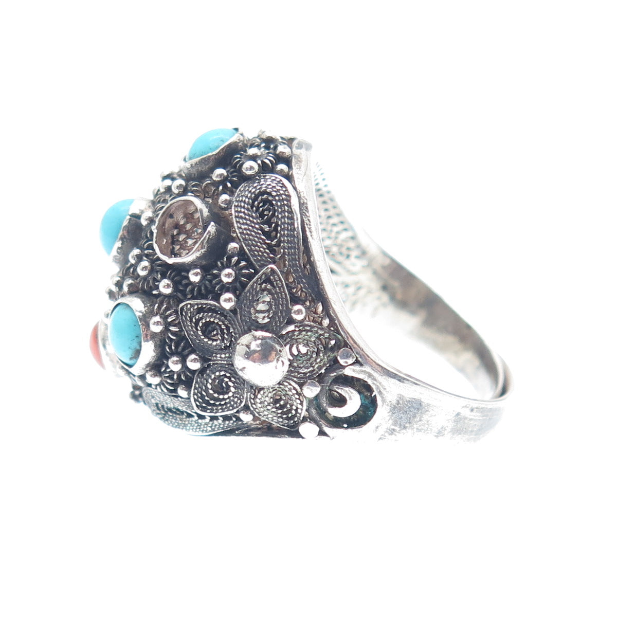 925 Sterling Antique China Turquoise Coral Ring Size 5.25 (missing 3 stones)