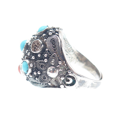 925 Sterling Antique China Turquoise Coral Ring Size 5.25 (missing 3 stones)