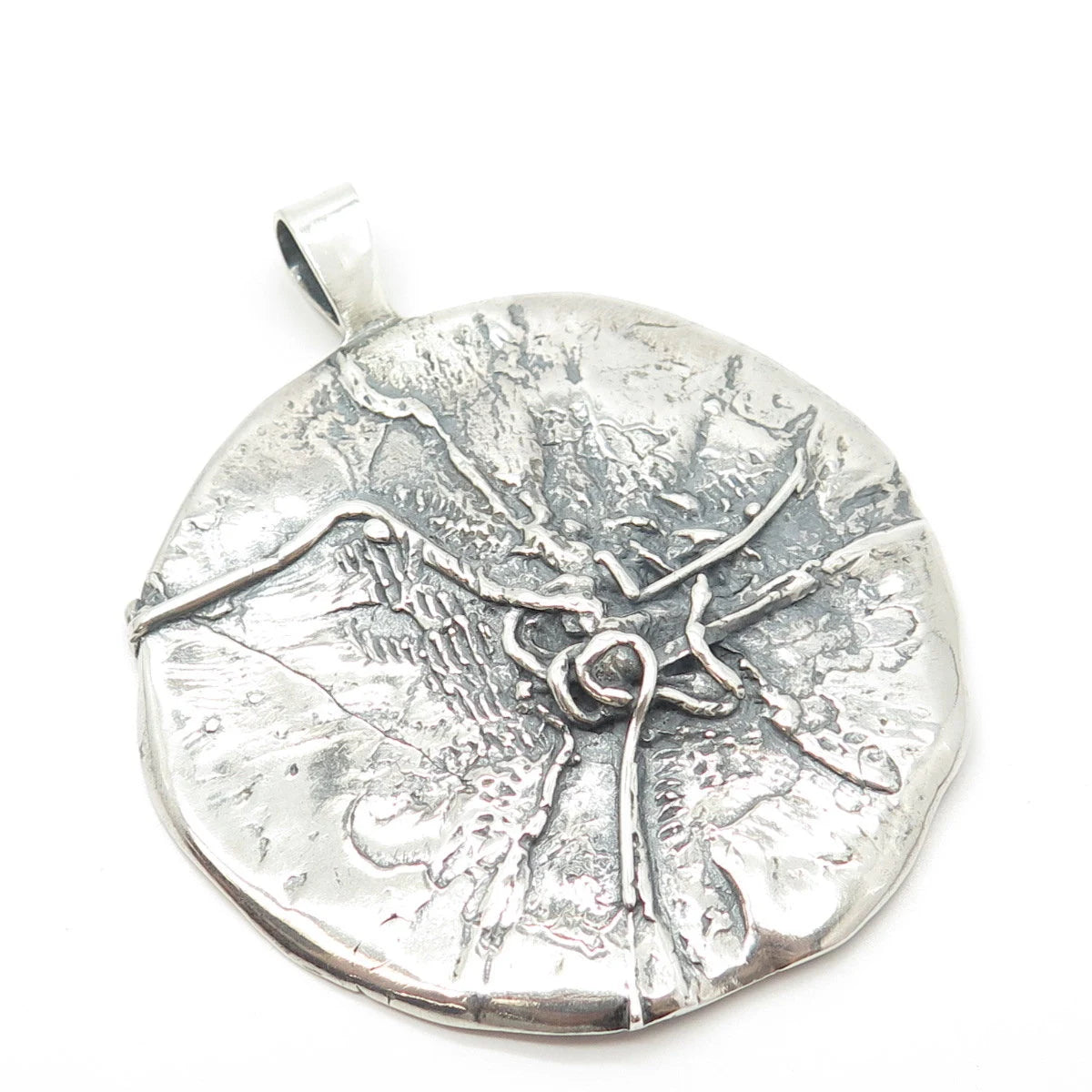 925 Sterling Silver Vintage Brutalist Modernist Large Round Pendant